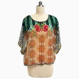 JOHNNY WAS SCALLOPED HEM DRAPED FLORAL BLOUSE SIZE XS